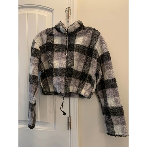 SHEIN Women’s Cropped Buffalo Plaid Half Zip Teddy Sweatshirt size‎ Large - Picture 1 of 3